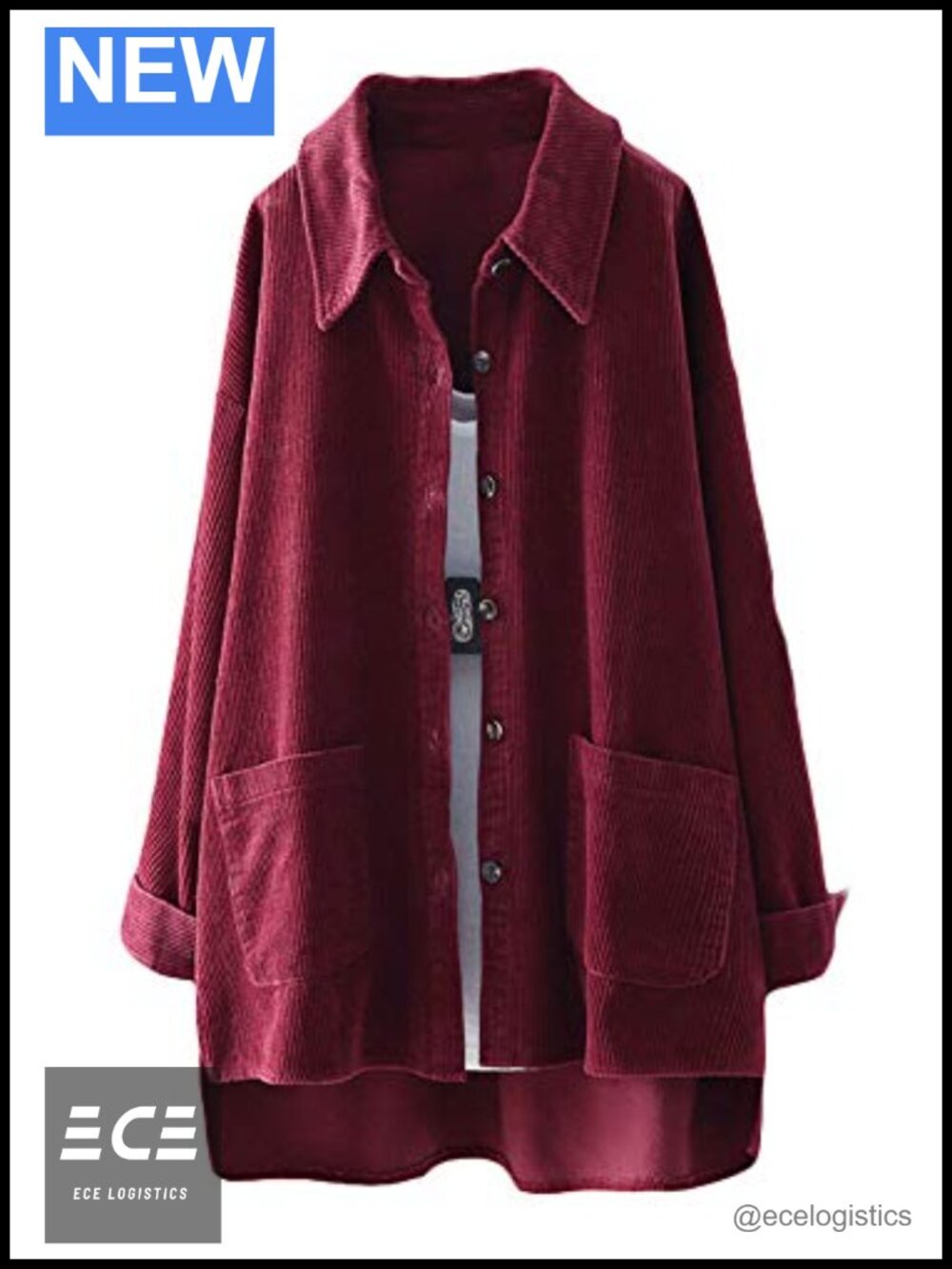 Corduroy Shirt Jacket 100% Cotton Button Down Collar Long Sleeve Women's